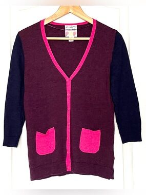 Clements Ribeiro POP Colorblock Woolmark Merino Wool Cardigan Size M Plum
